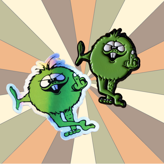 80's BMX Retro Decal and Pin | Green BMX Troll Flips Bird | Pin & Sticker Set - Supercross BMX